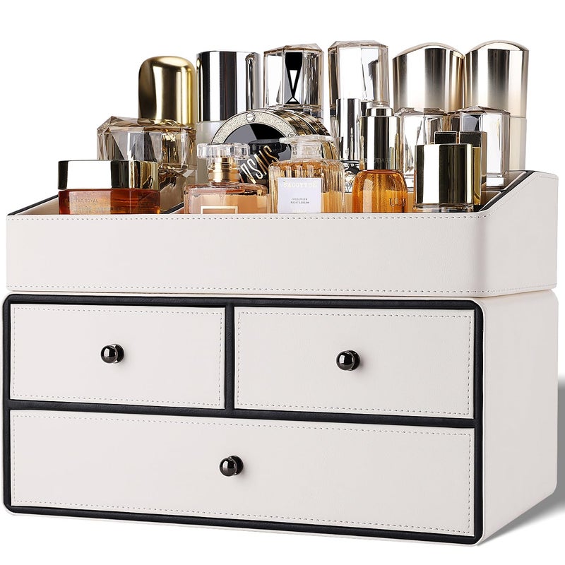GORESE Leather Makeup Organizer with Drawers for Vanity Stackable Skincare Holder Dresser Organizer Countertop Make Up Storage Organizers Counter Cosmetic Display Case Gifts for WomenCream White